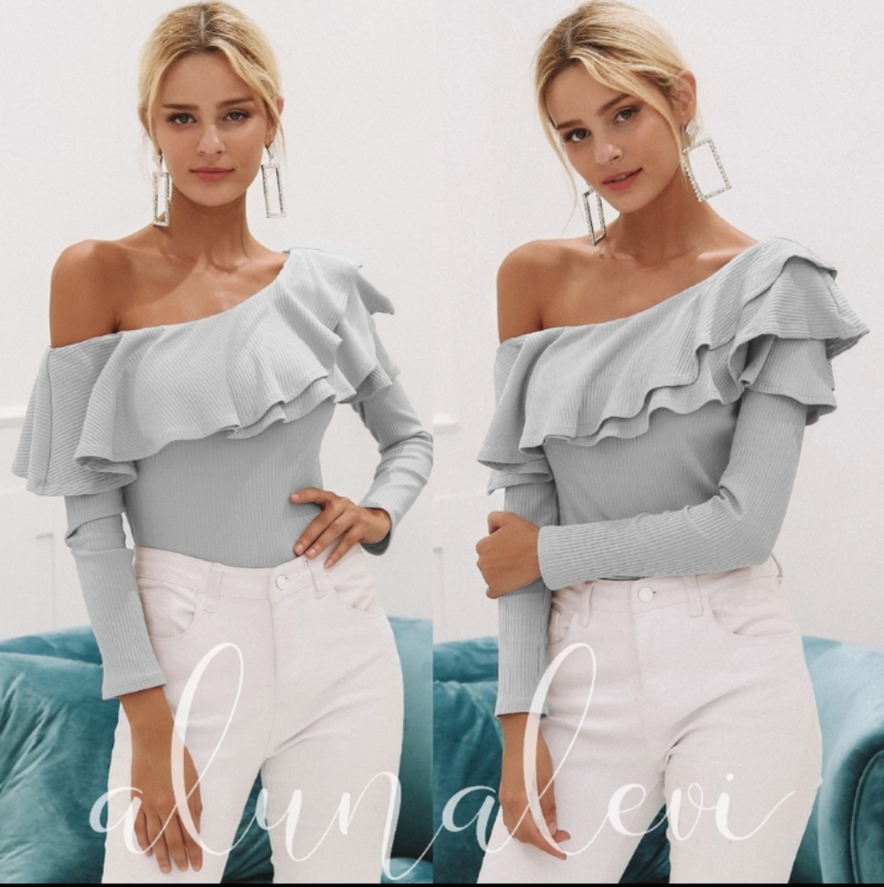 Grey Rufflled Off Shoulder Long Sleeve Blouse M